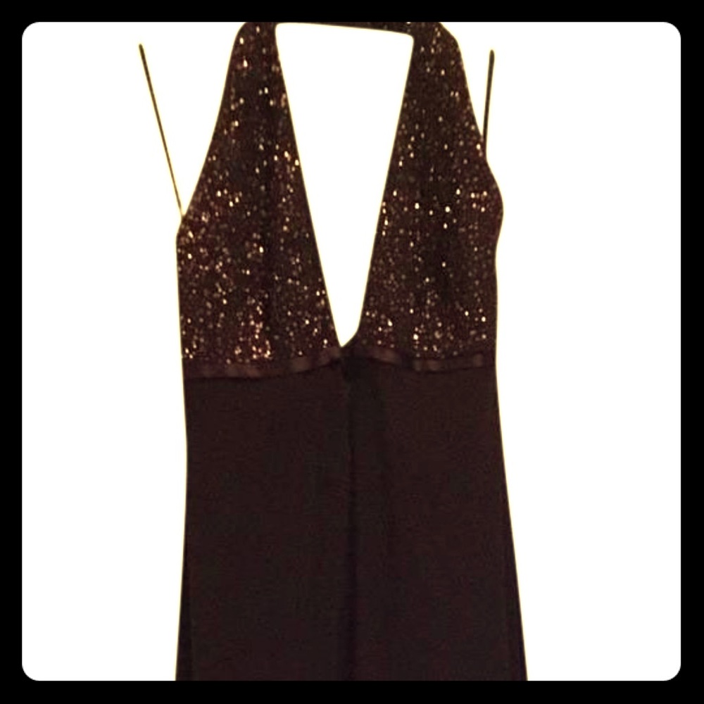 Chocolate brown sequin halter long formal dress